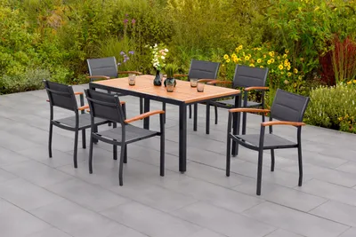 Produktbild von Merxx Gartenmöbel Set Paxos 7tlg., 6 Stapelsessel, Tisch 150 x 90 cm- Aluminium/Akazie/Textil
