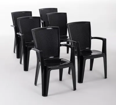 Produktbild von 6er-Set Stühle aus Polypropylen monoblock, stapelbar mit Armlehnen, wasserbeständig, Rattan-Effekt für Garten, Terrasse, Restaurant, Bar, leicht zu reinigen - Diana - Anthrazit