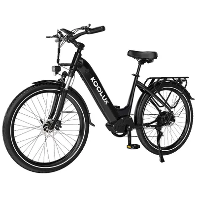 A black electric bicycle is shown against a white background.