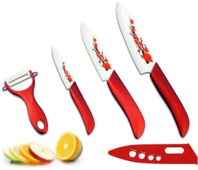 Obrázek produktu pro Sada keramických kuchyňských nožů v červené barvě, 3 palce, 5 palců, 6 palců + brousek + kufřík na nářadí