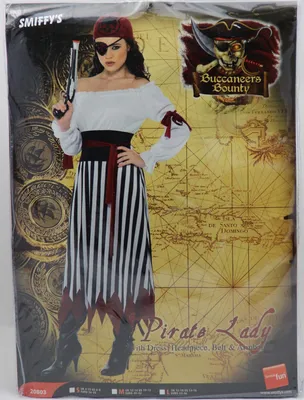 Product packaging for a pirate lady costume, showing a model wearing the costume.