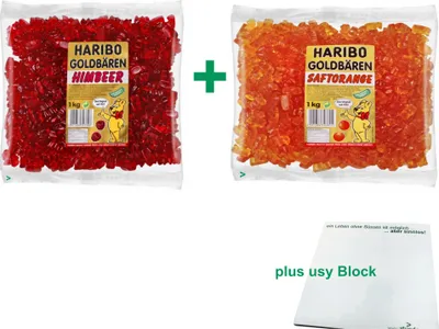 Produktbild von Haribo Goldbären Testpaket Himbeere & Orange (je 1kg sortenrein) + usy Block