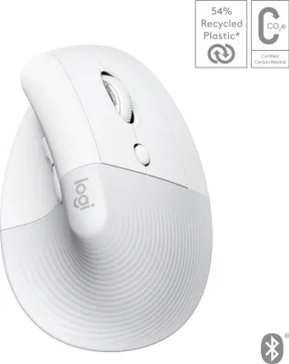 Zdjęcie produktu dla Logitech Lift for Mac, Po prawej stronie, Projekt pionowy, Optyczny, RF Wireless + Bluetooth, 4000 DPI, Biały
