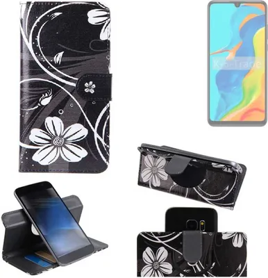 Produktbild von K-S-Trade Schutzhülle Handyhülle kompatibel mit Huawei P30 lite New Edition Hülle 360° Wallet Case ''Flowers'' Klapphülle Hülle schwarz-weiß 1x