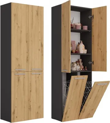 Produktbild von BDW Badezimmerschrank, 2- Wäschekorb, 2 - Türen, Anthrazit/Artisan-eiche, 60 x 174 x 30 cm