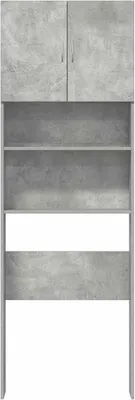 A front view of a gray washing machine cabinet with two doors on top and three open shelves below.