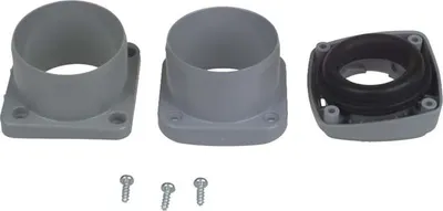 Three gray plastic plumbing or vacuum cleaner adapters and three screws on a white background.