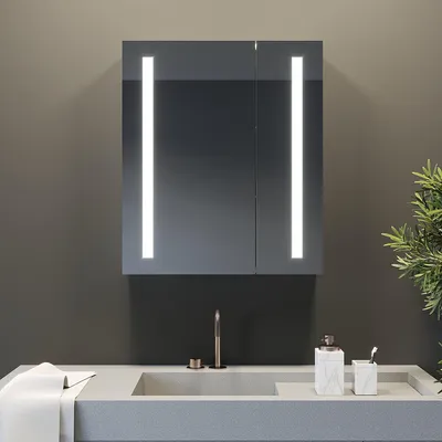 Produktbild von Spiegelschrank Bad mit Beleuchtung 60x70 cm Kaltweiß Antibeschlag dimmbar mit Steckdose Badezimmerspiegelschrank Wandschrank Badezimmer LED Badschrank doppelt verspiegelt IR Sensor