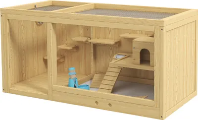 Image de Cage pour hamster Fortuna Lai Cage en bois pour petits animaux, maison de jeu pour gerbilles, avec balançoires, échelles, toit ouvrant, cabane, 100 cm, naturel