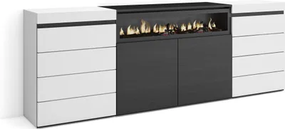 A modern sideboard with drawers and an electric fireplace.