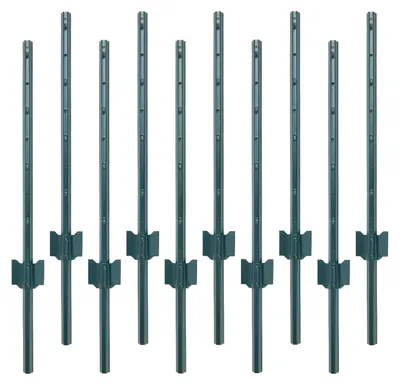Image de Lot de 10 poteaux de clôture en profil en U pour clôture de jardin - 213 cm - Acier avec revêtement par poudre - Vert - À enfoncer dans le sol - Supports réglables - Résistant aux intempéries
