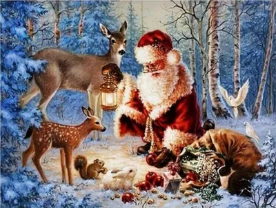 Produktbild von Diamanten-Mosaik "Weihnachtsmann mit Tieren im Wald", 30x40 cm, kreatives Design