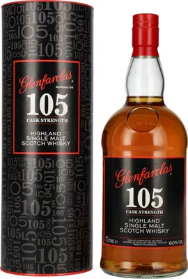 A bottle of Glenfarclas 105 Cask Strength Highland Single Malt Scotch Whisky and its cylindrical packaging.