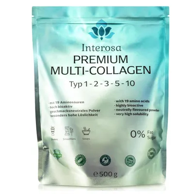 Produktbild von INTEROSA Collagen Pulver 500 g - Multi Kollagen Complex 5 Typen: 1, 2, 3, 5, 10 - hochwertige Eierschalenmembran Peptide - geschmackstral