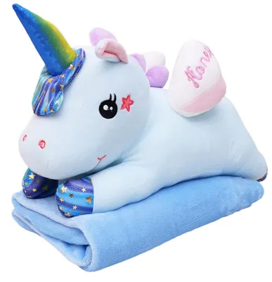 Zdjęcie produktu dla LEAN Toys 27928 Pluszowy jednorożec z kocykiem 3 w 1, 160×110 cm, niebieski