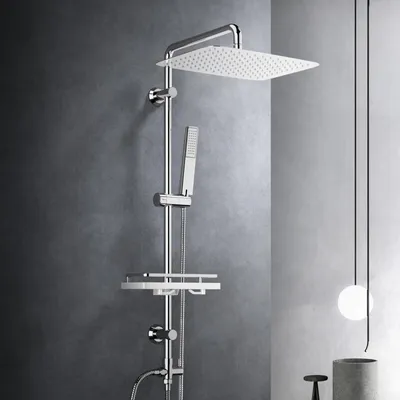 Immagine prodotto di Set doccia a pioggia - Sistema doccia con ripiano - Acciaio inossidabile - 35 x 25 cm - Cromato - Senza miscelatore, tubo flessibile 150 cm