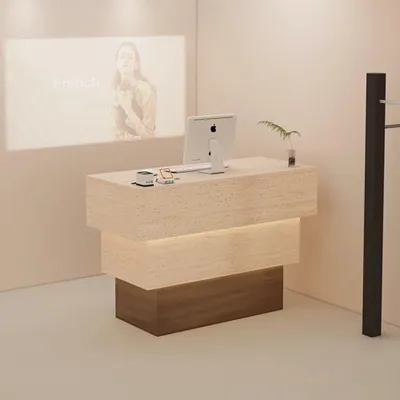 Produktbild von Theke, Kassentheke, Gewerbetheke, LED-Beleuchtete Theke,Bekleidungsgeschäft-Theke, Hotelrezeption, schlicht. Beige Braun 120x50x90cm 【B9066】