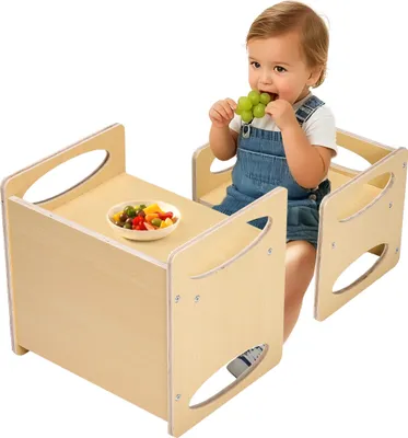 Produktbild von VEVOR Montessori súprava stola a stoličky, vyrobená z dreva, vhodná pre deti vo veku 1-5 rokov, výškovo nastaviteľná, vhodná pre deti na čítanie, jedenie a hranie - príroda