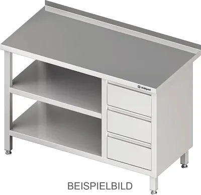 Produktbild von Arbeitstisch mit Grund- und Zwischenboden, 2600x700x850 mm, mit 3er Schubladenblock links, mit Aufkantung, verschweißt