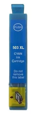 A close-up of a cyan ink cartridge.