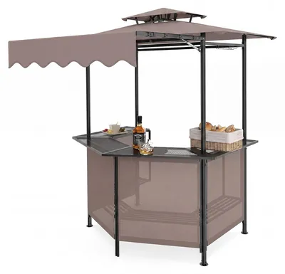 Productafbeelding van COSTWAY Grillpaviljoen met bar, 3-delige barset met 2 barkrukken, dubbel dak, luifel, haken en metalen planken, paviljoen voor barbecues, afmetingen 136x103x242 cm