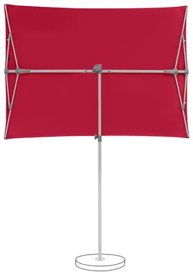 A red rectangular patio umbrella is shown from the underside, with its pole and base.