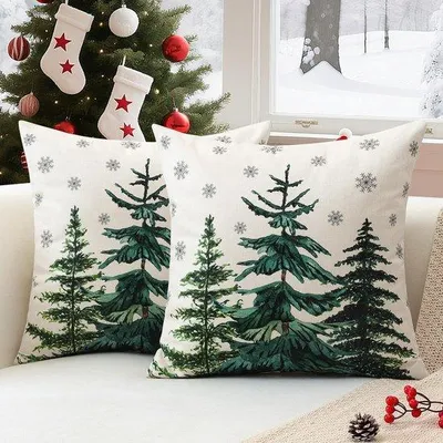 Obrázok produktu pre Uniqoos® Sada 2 vankúšikov s motívom Vianoc, 45 x 45 cm, vyrobené z polyesterovej tkaniny s vzhľadom na ľan – dekoratívne obliečky s vianočnou potlačou, so skrytým zipsom