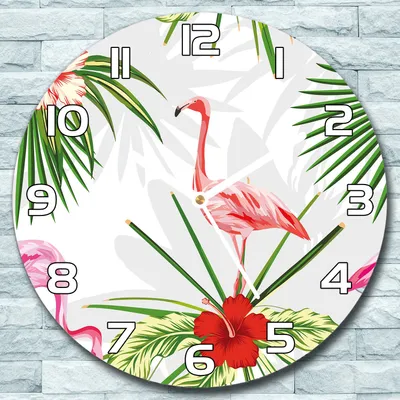 Produktbild von Wanduhr aus Glas Rund fi 30 Flamingo & Pflanzen Quarz Deko Wohnzimmer Büro