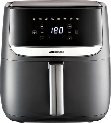 A black Medion air fryer is shown against a black background. The digital display shows '180'.