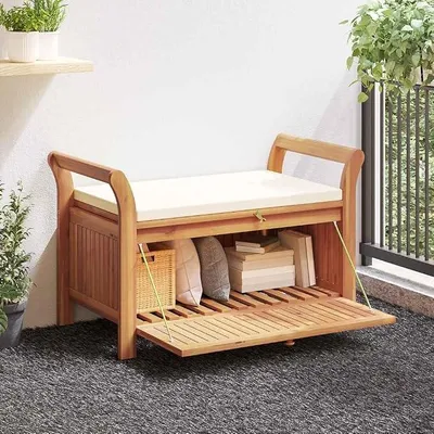 Produktbild von Gartenbank mit Stauraum 126 cm Akazienholz Sitzbank mit Kissen für Terrasse Balkon Veranda Picknick Outdoor