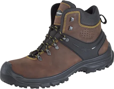 A single brown work boot is shown against a white background.