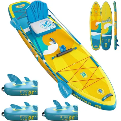 Productafbeelding van iTAOSTAR Opblaasbaar stand-up paddleboard (SUP) voor beginners, multifunctioneel surfplank met zitgedeelte en accessoires, geel/roze/oranje