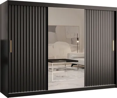 Produktbild von MIRJAN24 Kleiderschrank Riflo Wave 2 250, Schwebetürenschrank mit zwei Kleiderstangen, Garderobe mit Frontspiegel (Farbe: Schwarz, Größe: 250 cm)