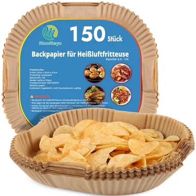 Zdjęcie produktu dla Papier do frytkownicy bezolejowej, 150 sztuk, wymiary 20x20x4,5 cm, pojemność 4,3-7,9 litra, odporny na tłuszcz, nieprzywierający, do temperatury 220°C