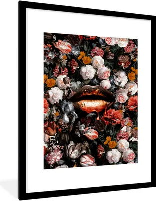 Produktbild von MuchoWow® Gerahmtes Poster Lippen - Blumen - Farbe - Orange - Kunst - Abstrakt - Alte Meister 60x80 cm - Poster mit Schwarzem Bilderrahmen Wandposter Rahmen Foto Bilder - Wohnzimmer - Dekorationen - Prämie