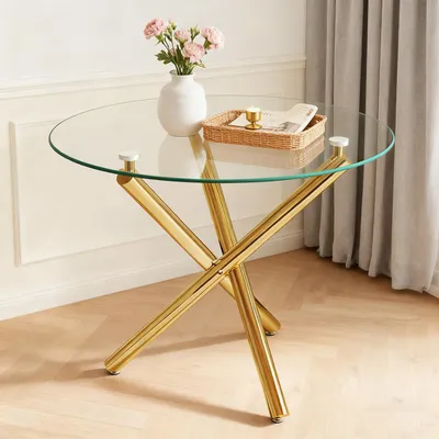 Immagine prodotto di MODFU Tavolino da caffè rotondo con piano in vetro temperato Tavolino da salotto Tavolo da pranzo con gambe color oro Adatto per il soggiorno o un bar Colore: oro