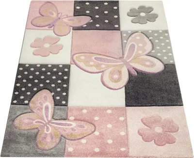 Produktbild von Kinder Teppich Kinderzimmer Bunt Rosa Schmetterlinge Karo Muster Punkte Blumen Grösse 140x200 cm