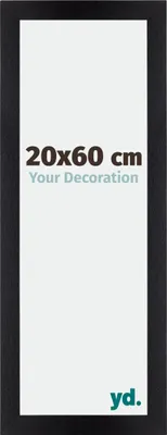 A black picture frame with text indicating its size and a logo.
