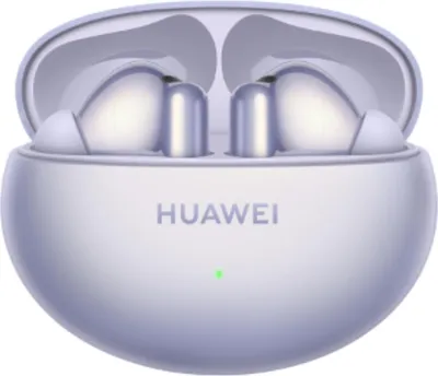 A pair of white Huawei FreeBuds 6i earbuds are shown inside their open charging case. The case is a light purple color.