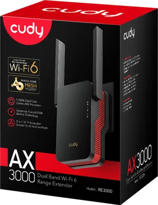 Produktbild von cudy WLAN Repeater AX3000 WiFi 6 Mesh RE3000, Schwarz, 130x80x49mm, Kompaktes Steckdesign, WLAN-Reichweitenverstärker & Hotspot, Universal-Router-Kompatibilität, Smart-Signal-Anzeige, Gigabit LAN