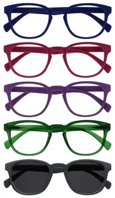 Produktbild von OPULIZE POP Lesebrille für Damen und Herren mit Lesesonnenbrille - 5er Pack - Lustige Runde Brille Matt - Getönte Gläser mit UV400 - Federscharniere - Blau Rosa Lila Grün Grau Sonnenbrille +3.50