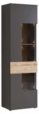 Wohnzimmerschrank COMO Grau mit Planked Eiche, zwei offene Vitrinen-Fächer und LED-Beleuchtung in Gesamtansicht.