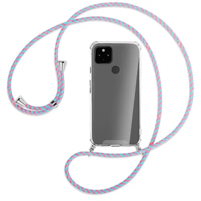 Produktbild von Handykette Backcover-Schutzhülle mit Band (Metall silberfarben) für Google Pixel 4a 5G - pink/mint