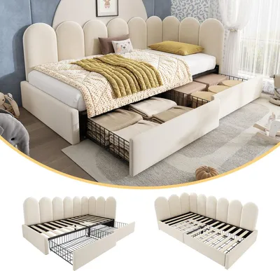 Image de Lit rembourré simple 90 x 190 cm beige avec 2 tiroirs Daybed en velours sans matelas