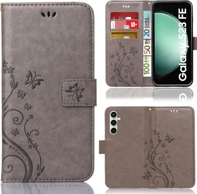 A collage of images showing a phone case from different angles, including its interior card slots and the phone it is designed for.