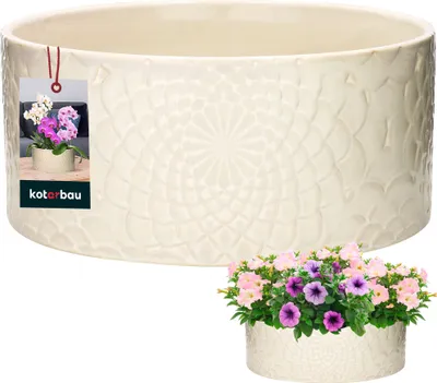 Obrázek produktu pro KOTARBAU® Keramická miska na sázení kulatá krémová Výška 13 cm ⌀ 28 cm Mísy na květiny pro venkovní použití Květináč velký Květináč plochý kulatý Květináč kulatý Květináč kulatý Květináč Mísa Nádoba na květiny