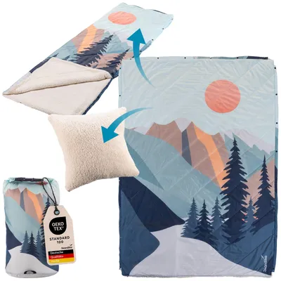 Produktbild von Skandika Campingdecke Liva Sherpa Berge | 4-in-1 Outdoor Decke, 200 x 135 cm, Überwurf, Schlafsack, Kissen, mit Teddyfell Unterseite