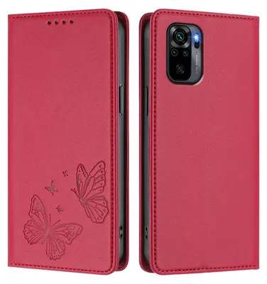 Produktbild von Lederhülle für Xiaomi Redmi Note 10S/Note 10 4G, Schmetterling Prägung Leder Brieftasche Schutzhülle mit Ständer Rot