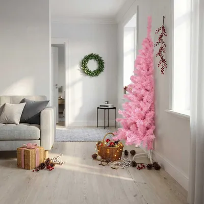 Zdjęcie produktu dla vidaXL Sztuczna pół choinka ze stojakiem Różowa 180 cm PVC