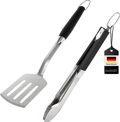 Image de bremermann Couverts à barbecue 2pcs | Pince et spatule en acier inoxydable avec manche souple